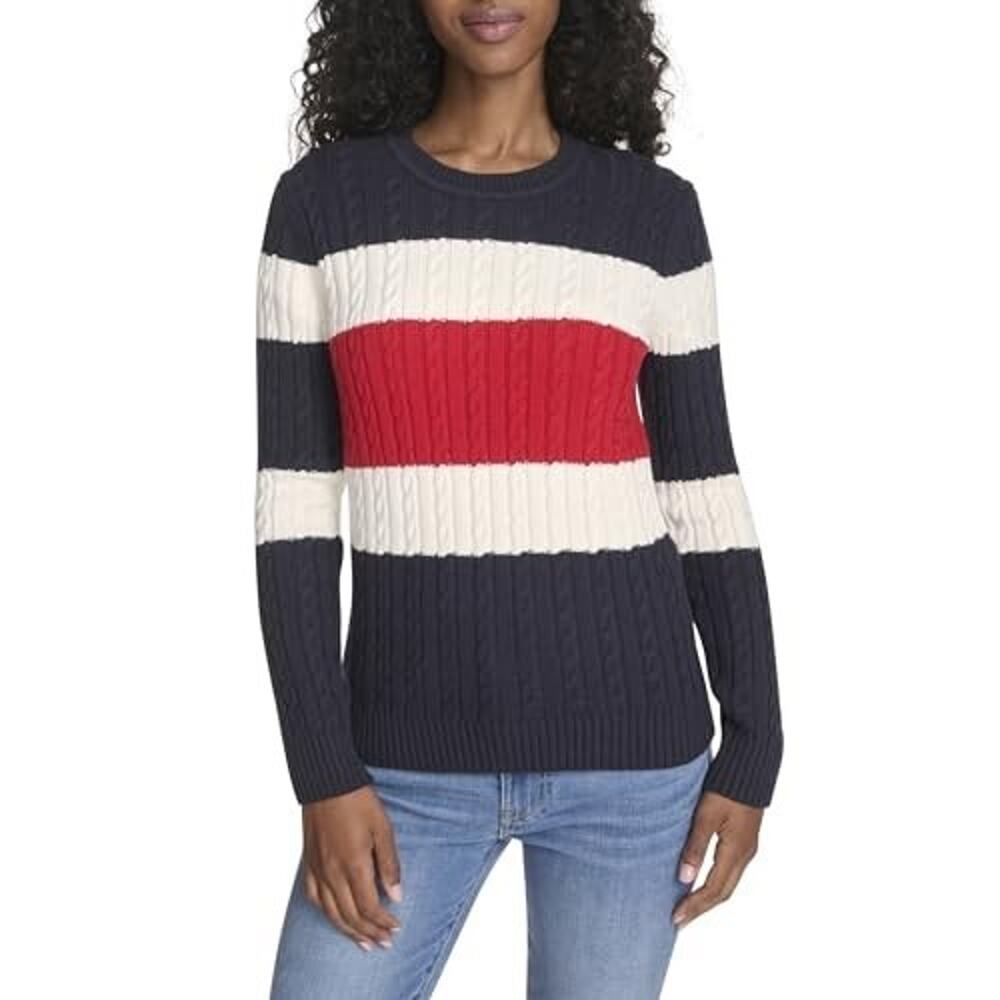 Tommy Hilfiger Sweater Womens XL Multi Colorblock Cable Knit Crewneck Preppy NWT